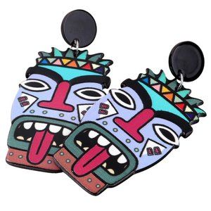 Large Big Colourful Hawaiian Tiki Mask Statement Earrings Multi Coloured